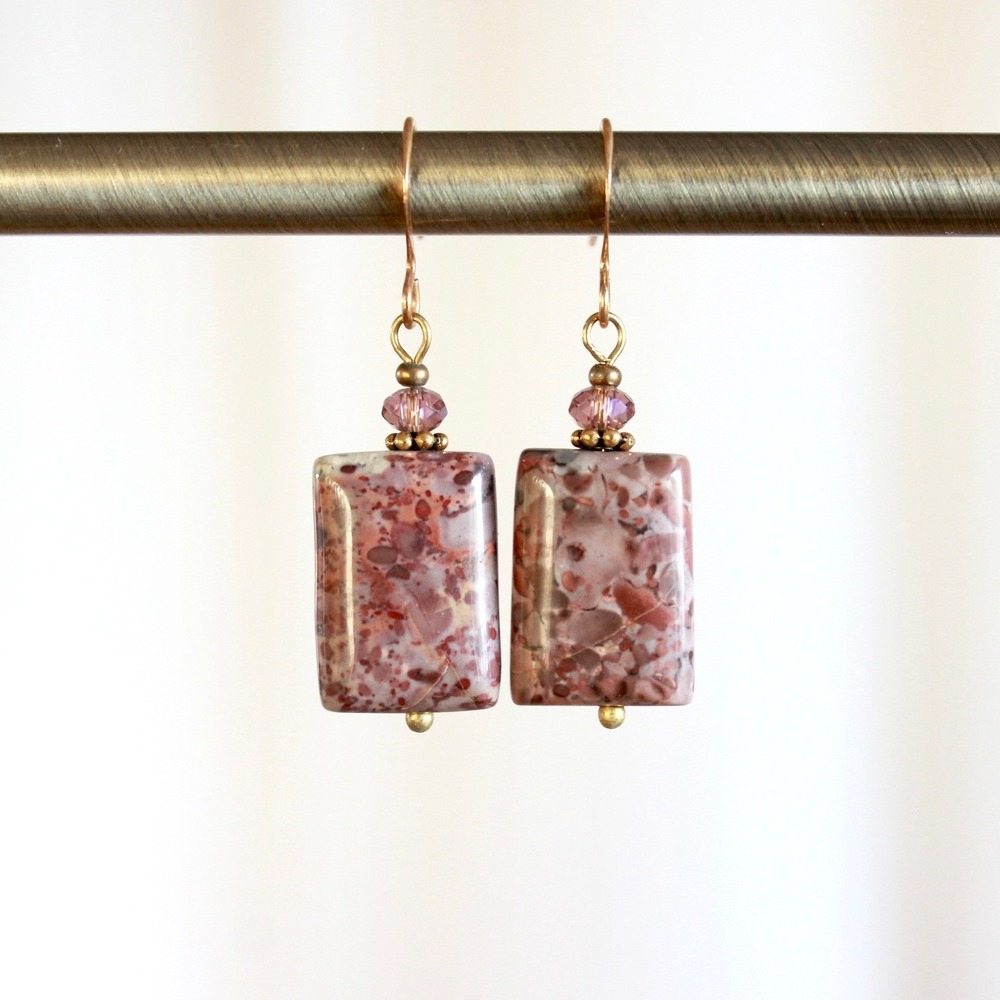 Handmade Jasper Stone Drop Earrings Red Mauve Rectangular Crystal Brass Boho J6